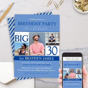 Modern Blue Photo Collage 30th Birthday Invitation