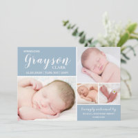 Modern Blue Photo Collage Baby Boy Birth Announcement