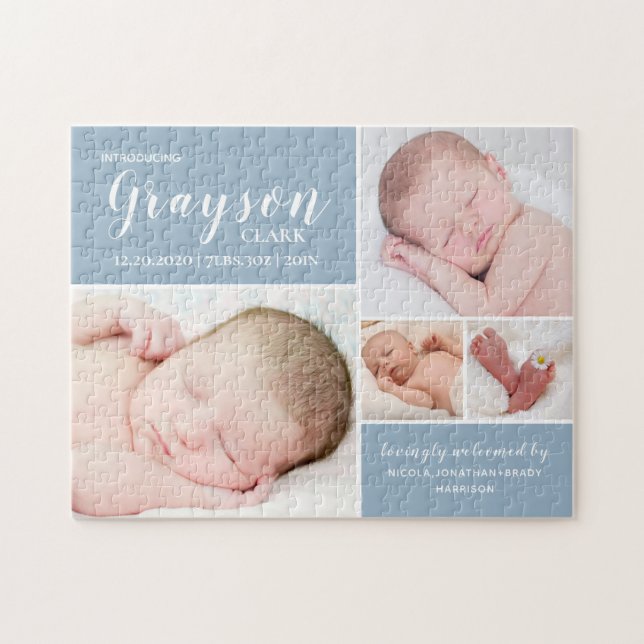 Modern Blue Photo Collage Baby Boy Birth Stats Jigsaw Puzzle (Horizontal)