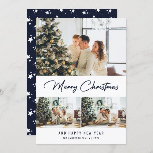 Modern Blue Photo Collage Christmas New Year Card