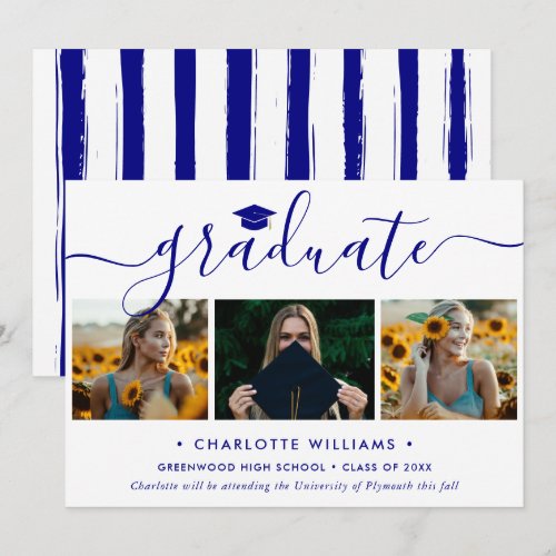 Modern Blue Photo Collage Script Graduation Announcement