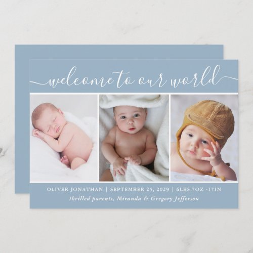 Modern Blue Photo Collage Welcome Baby Boy Birth Announcement