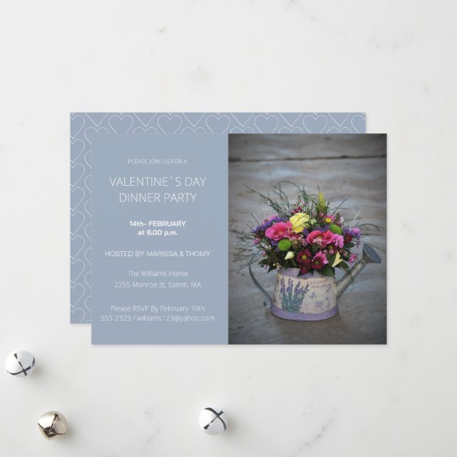 Modern Blue Photo Dinner Party Script Photo Holiday Card (Front/Back In Situ)
