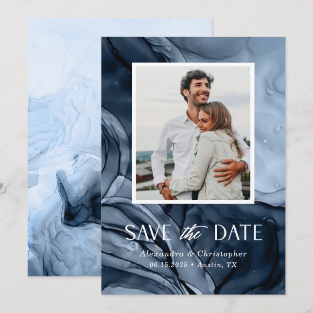  Modern Blue Photo Flat Save The Date Card (Front/Back)