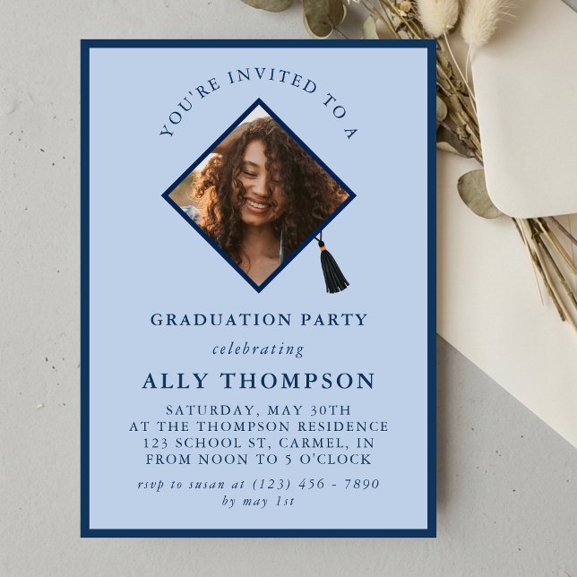 Modern Blue Photo Frame Graduation Party Invitation (Modern Blue Photo Frame Graduation Party Invitation)