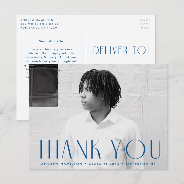 Modern Blue Photo Graduation Thank You Postcard (Front/Back)