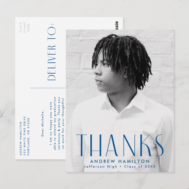 Modern Blue Photo Graduation Thank You Postcard (Front/Back)