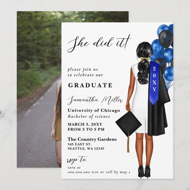 Modern Blue Photo She Did It Graduation Invitation (Front/Back)