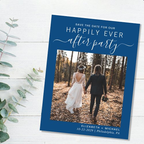 Modern Blue Photo Wedding Reception Save The Date Announcement Postcard