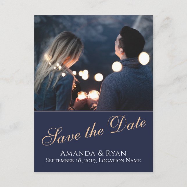 Modern Blue Photo Wedding Save the Date Postcard (Front)