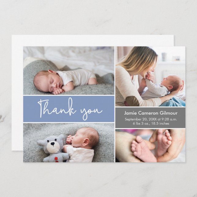 Modern blue Photos Baby Shower Thank you (Front/Back)