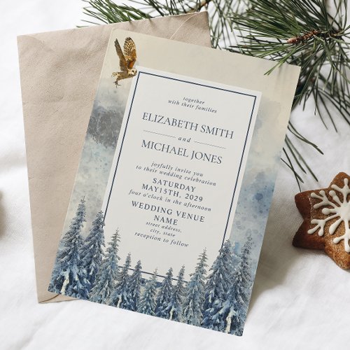 Modern Blue Pine Trees Watercolor Winter Wedding Invitation