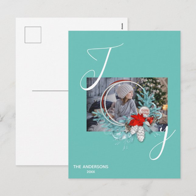 Modern Blue Pine Wreath Joy Photo Holiday Card  (Front/Back)