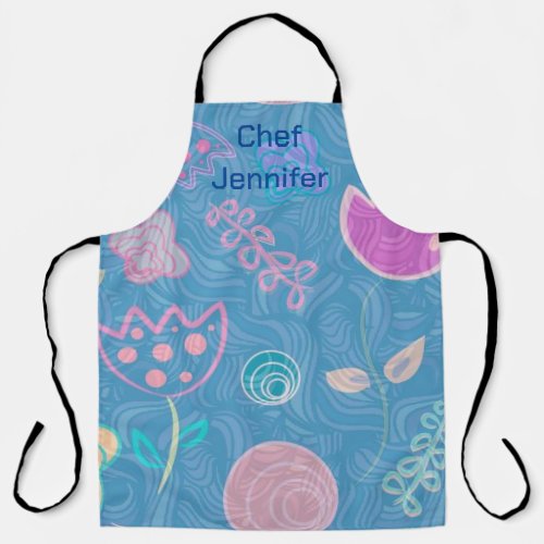 Modern Blue Pink and Purple Floral Tulip Apron