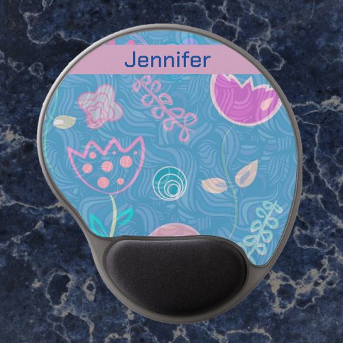 Modern Blue Pink and Purple Floral Tulip Gel Mouse Pad