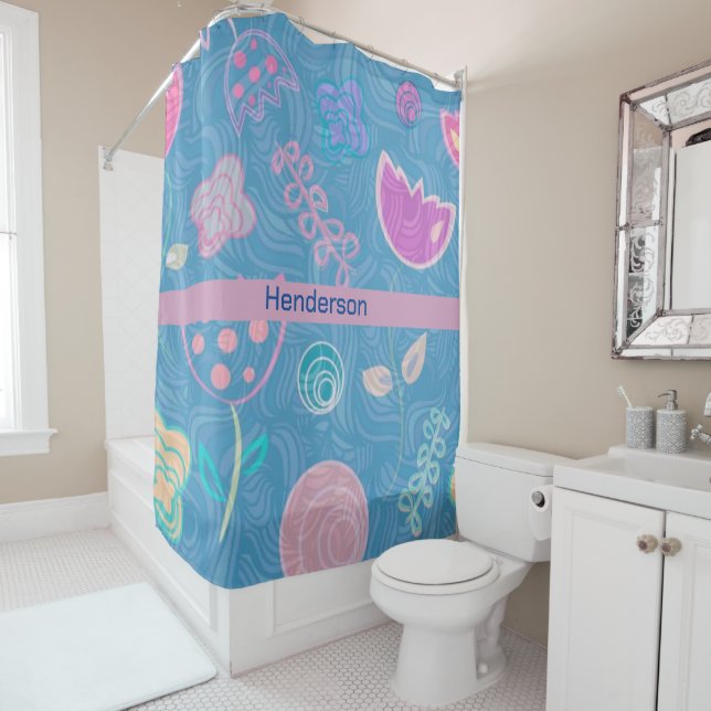 Modern Blue Pink and Purple Floral Tulip Shower Curtain (In Situ)