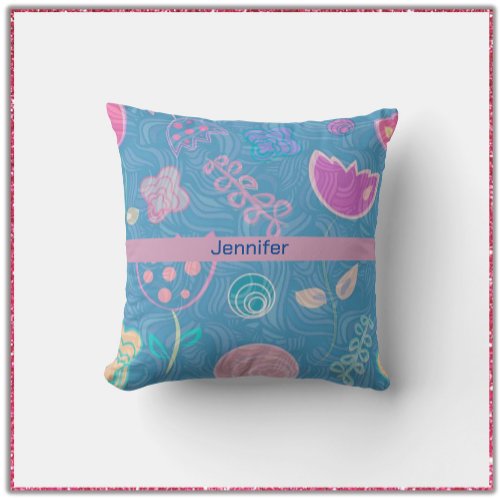 Modern Blue Pink and Purple Floral Tulip Throw Pillow