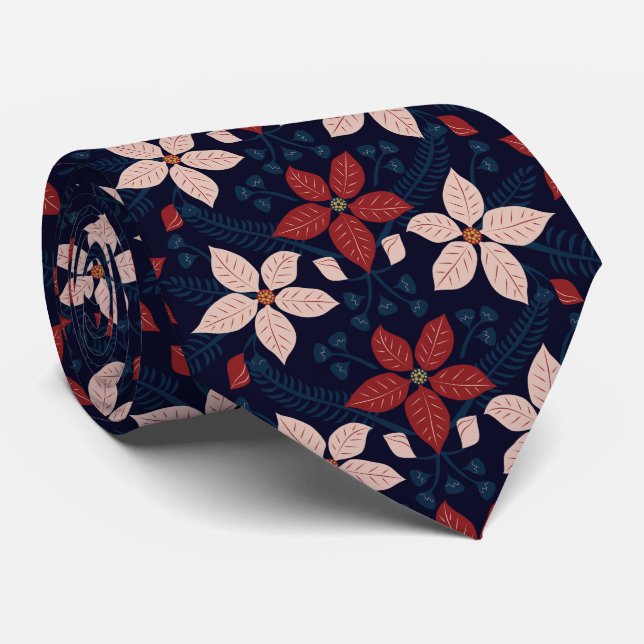 Modern Blue Pink and Red Floral Pattern Neck Tie (Rolled)