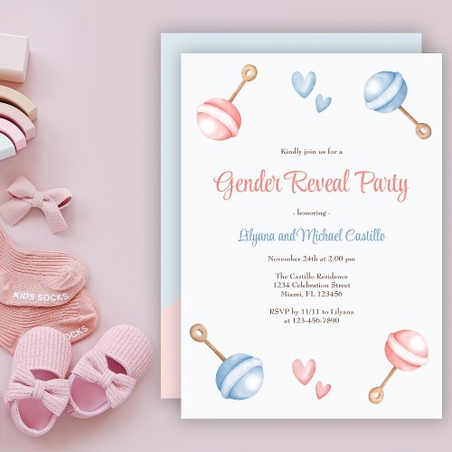 Modern Blue Pink Baby Toys Gender Reveal Party Invitation