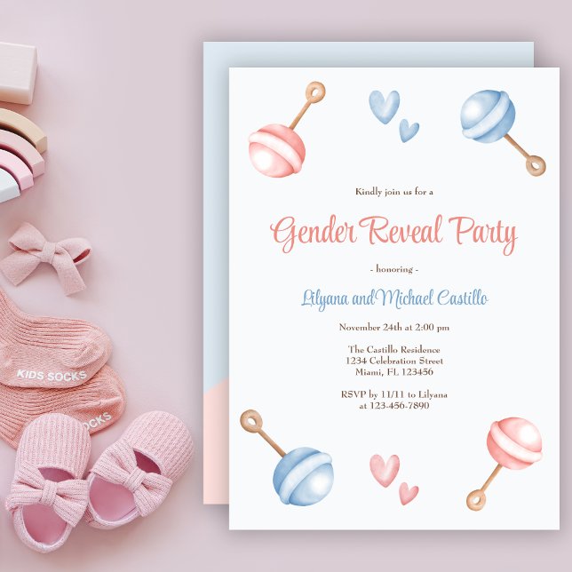 Modern Blue Pink Baby Toys Gender Reveal Party Invitation (Creator Uploaded)