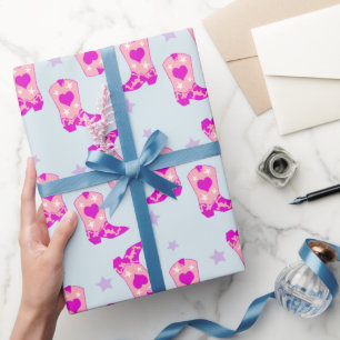 Modern Blue Pink Cowgirl Western Boots Stars Wrapping Paper
