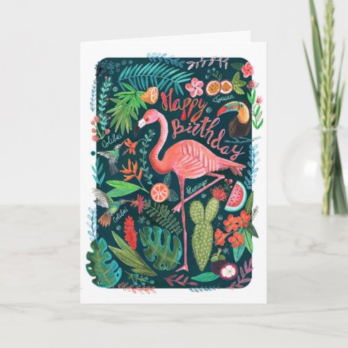 Modern Blue  Pink Flamingo painted Birthday Card