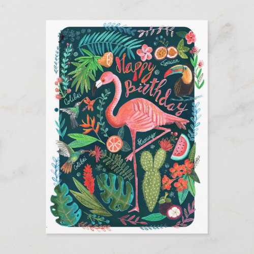 Modern Blue  Pink Flamingo painted Birthday Postcard