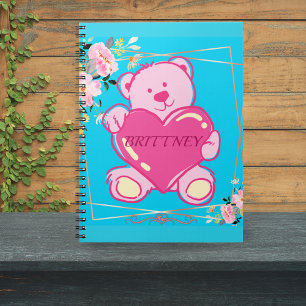 Modern Blue Pink Floral Back To School Bear Girls  Notebook