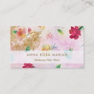*~* Modern Blue Pink Floral Pattern Gold Glitter Business Card