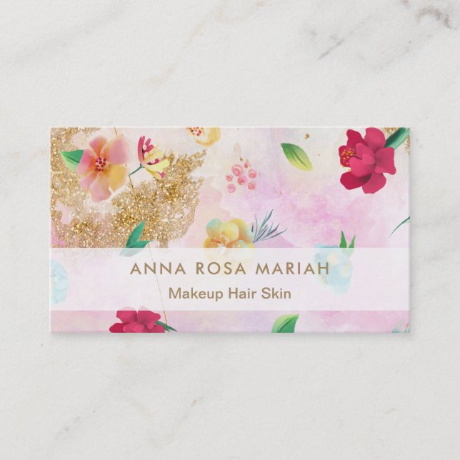 *~* Modern Blue Pink Floral Pattern Gold Glitter Business Card (Front)