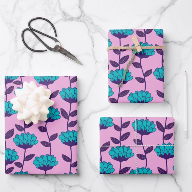 Modern Blue Pink flowers pattern  Wrapping Paper Sheets (Front)