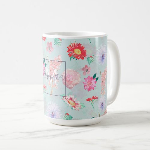 Modern Blue Pink Garden Floral Coffee Mug