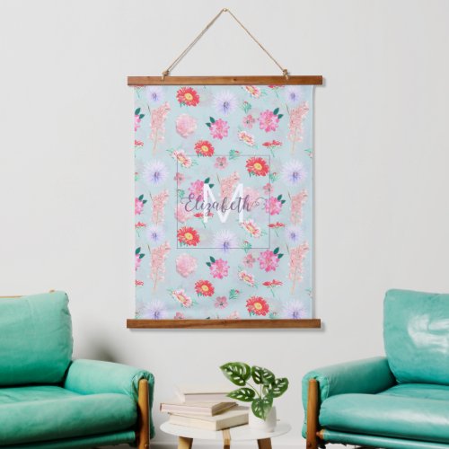 Modern Blue Pink Garden Floral Hanging Tapestry