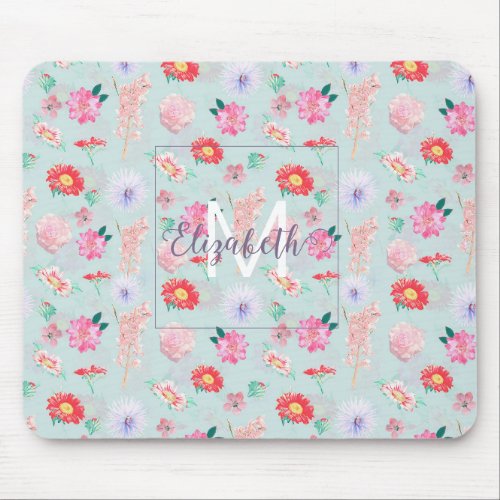 Modern Blue Pink Garden Floral Mouse Pad