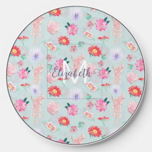 Modern Blue Pink Garden Floral Wireless Charger