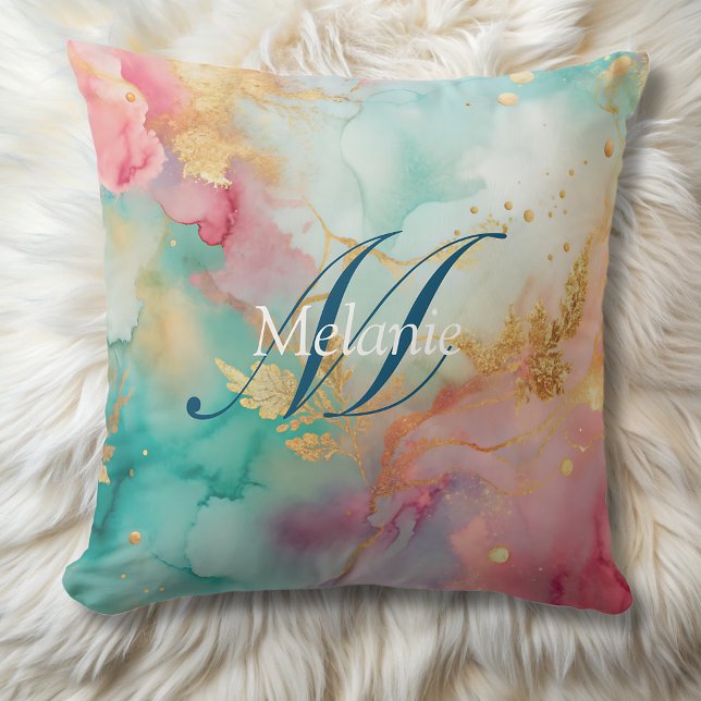 modern blue pink gold watercolor monogram  throw pillow (Creator Uploaded)