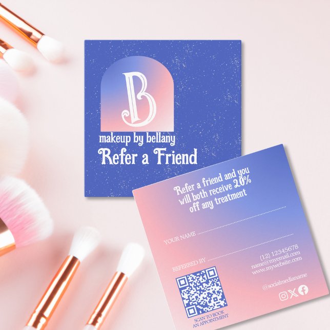 Modern Blue Pink Gradient Monogram Makeup Artist Referral Card (Creator Uploaded)