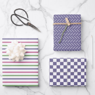 Modern Blue, Pink, Green Stripes, Blue Checkered Wrapping Paper Sheets