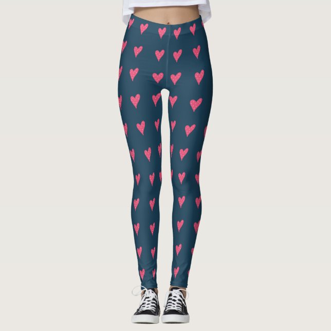 Modern Blue Pink Heart Valentine`s Day Leggings (Front)