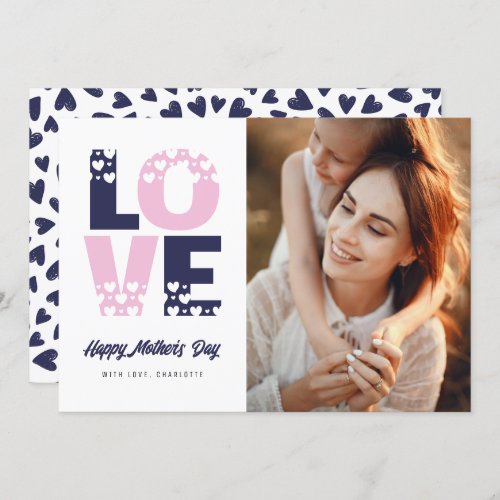 Modern Blue Pink Hearts Photo Mothers Day Card
