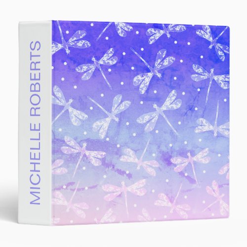 Modern blue pink ombre dragonflies watercolor 3 ring binder