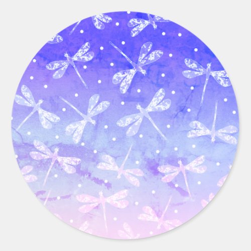 Modern blue pink ombre dragonflies watercolor classic round sticker