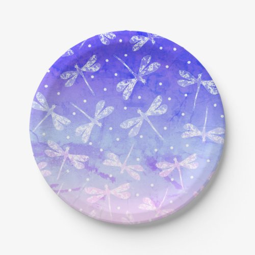 Modern blue pink ombre dragonflies watercolor paper plates