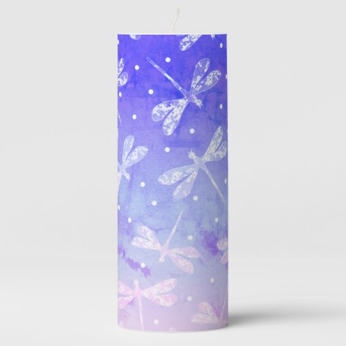 Modern blue pink ombre dragonflies watercolor pillar candle