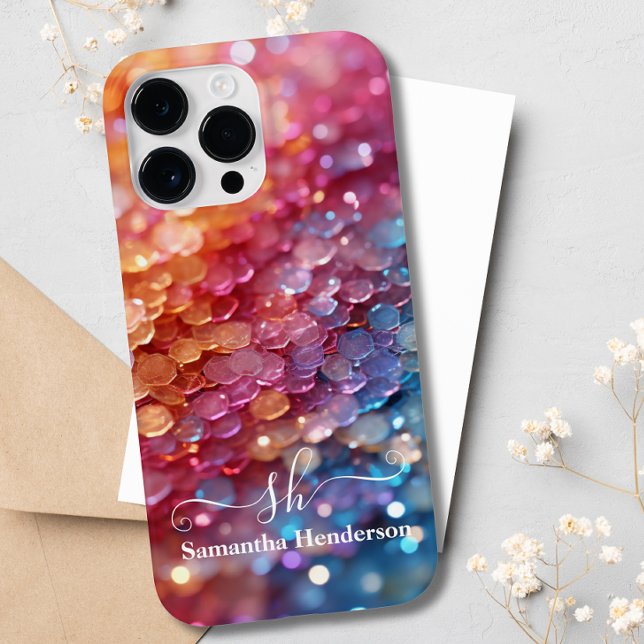 Modern Blue Pink Pastel Ombre Glitter Monogrammed  Case-Mate iPhone Case (Creator Uploaded)