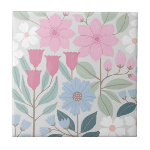 Modern Blue Pink Pretty Floral Print Ceramic Tile