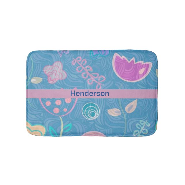 Modern Blue Pink & Purple Floral Tulip Bath Mat (Front)