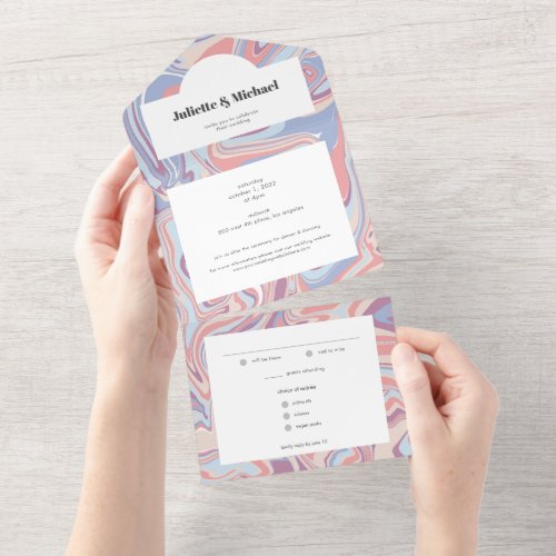 Modern Blue Pink Purple Marble Swirl Wedding All In One Invitation