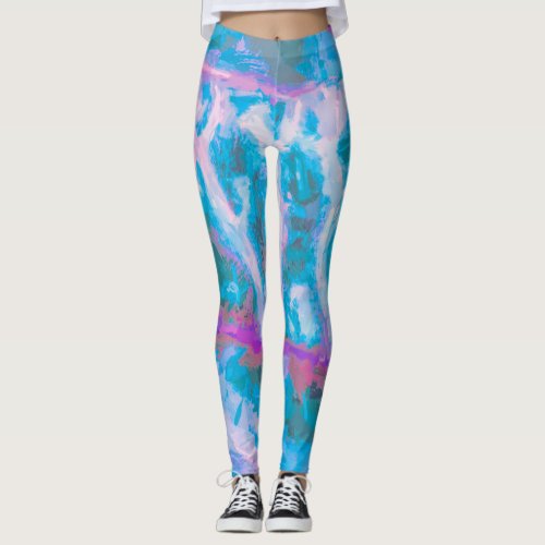 Modern Blue Pink White Abstract Watercolor Leggings