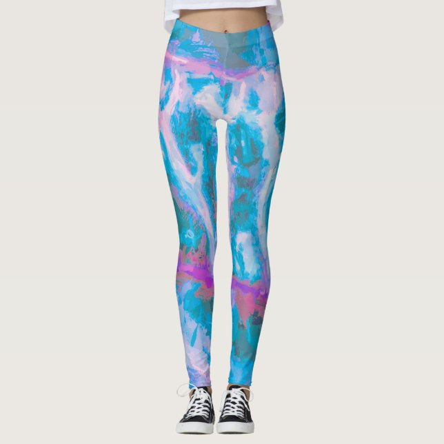 Modern Blue Pink White Abstract Watercolor Leggings (Front)